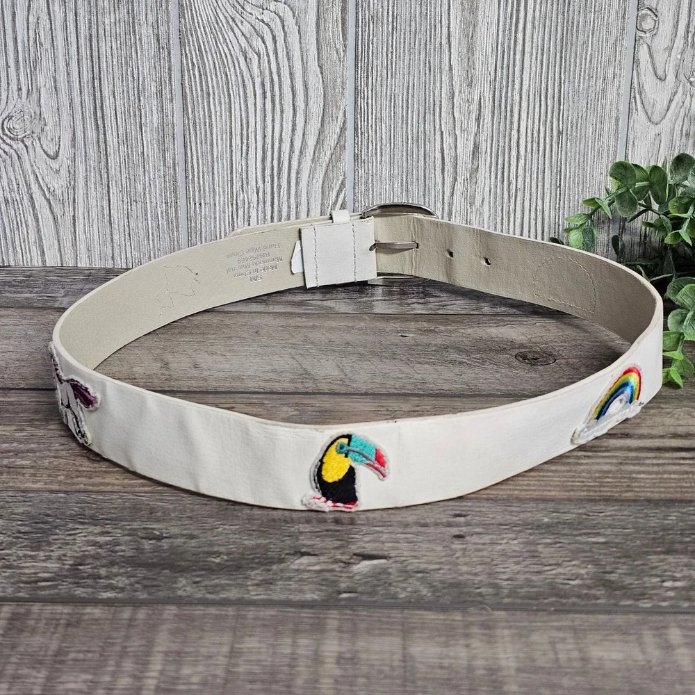 Y2K Coquette Novelty Patch White Belt Unicorn‎ Rainbow Indie Kitsch Women's S/M